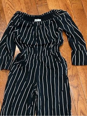 abercrombie kids Black and White Striped Off-Shoulder Jumpsuit
